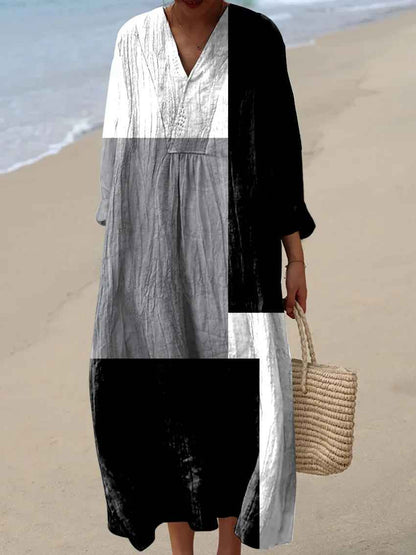 Effortless Patchwork Striped Linen Maxi Dress for Women with V Neck Long Sleeve Kaftan Flowing Bohemian Style