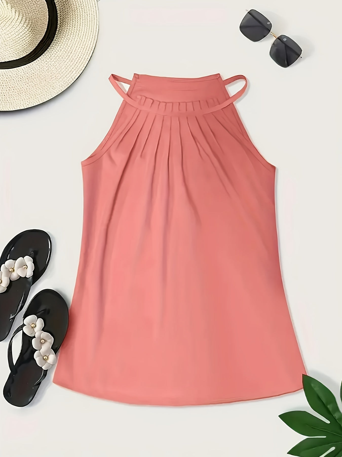 Elegant Satin Halter Top for Women with High Neck Sleeveless Pleated Relaxed Style