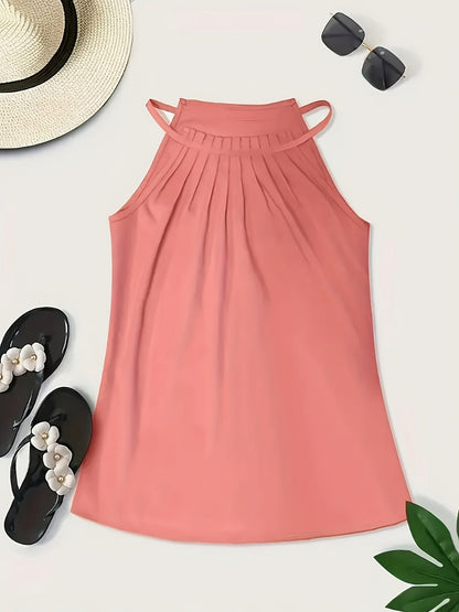 Elegant Satin Halter Top for Women with High Neck Sleeveless Pleated Relaxed Style
