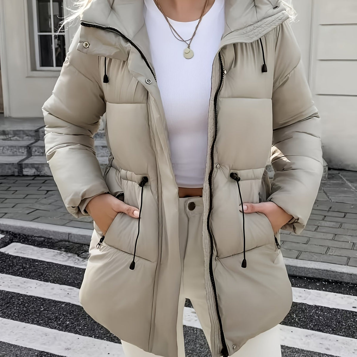 Warm Padded Ski Jacket for Women with Hooded Long Sleeve Elastic Drawstring Zip Pocket Style