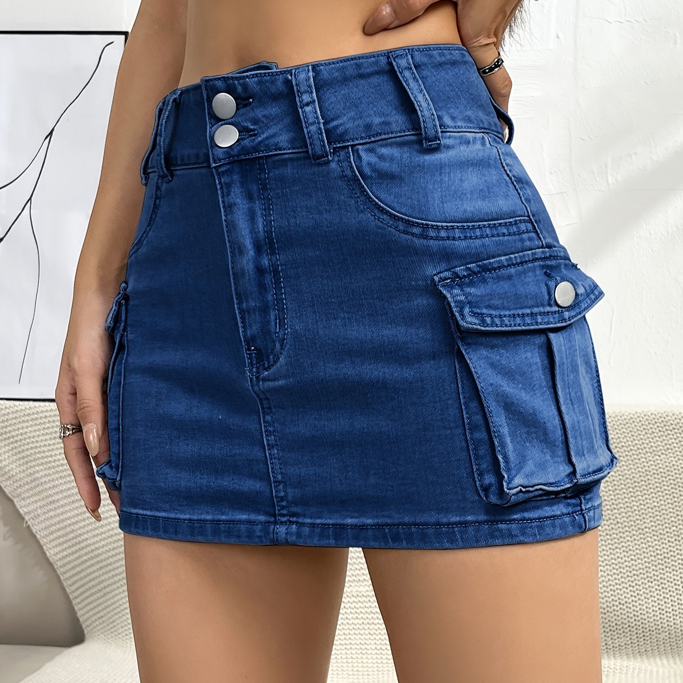 Effortless Denim Cargo Mini Skirt for Women with High Waist Button Front Pocket Detail Casual Style