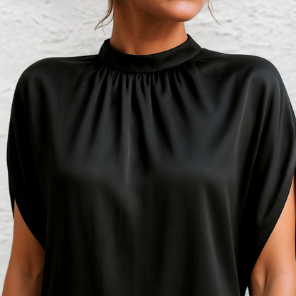 Elegant Black Satin Cocktail Dress for Women with Mock Neck Split Sleeve Tulip Hem Style
