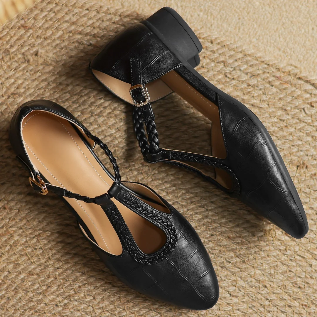 Elegant Croc Print Leather T-Strap Flats for Women with Braided Strap Pointed Toe Block Heel Style