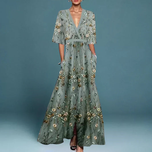 Elegant Floral Embroidered Maxi Dress for Women with V Neck Flutter Sleeve High Slit Flowing Wedding Guest Style