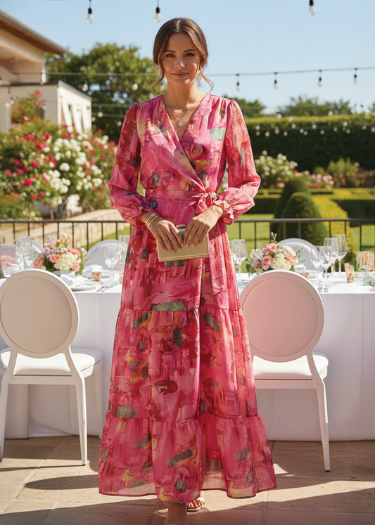 Elegant Pink Floral Maxi Dress for Women with V Neck Long Sleeve Tiered Ruffle Wrap Formal Wedding Guest Style