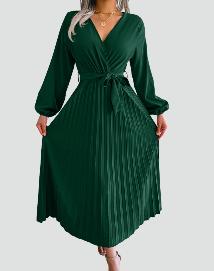 Elegant Pleated Cocktail Dress for Women with V Neck Balloon Sleeve Wrap Belted Flowing Style