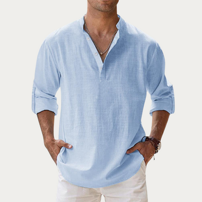 Effortless Linen Shirt for Women with Stand Collar Long Sleeve Button Placket Relaxed Casual Style