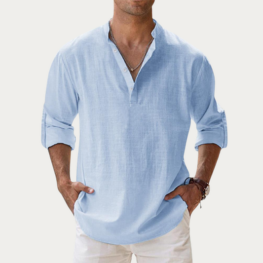 Effortless Linen Shirt for Women with Stand Collar Long Sleeve Button Placket Relaxed Casual Style