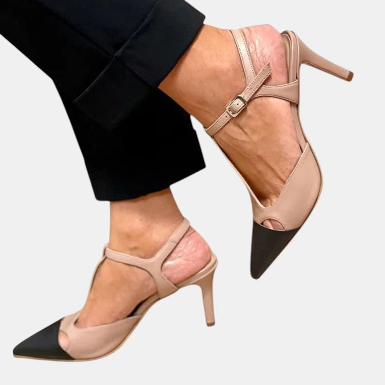 Stylish Beige Leather Pump for Women with Pointed Toe T Strap Stiletto Heel Style
