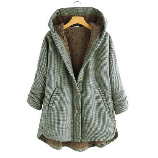 Effortless Plaid Fleece Jacket for Women with Hooded Long Sleeve Button Front High Low Hem Casual Style