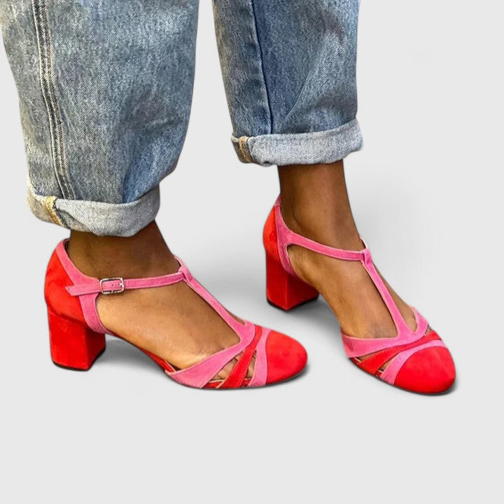 Elegant Berry Red Suede T-Strap Heel for Women with Round Toe Ankle Strap Vintage Style