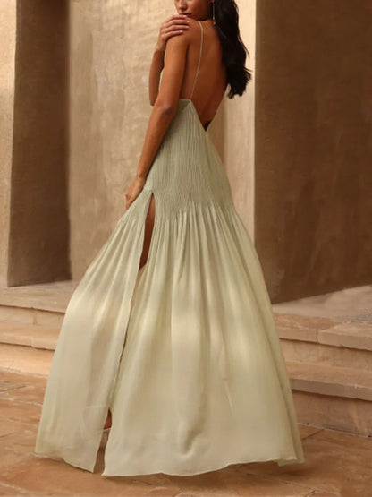 Elegant Sage Green Cocktail Dress for Women with V Neck Spaghetti Strap Backless Draped Slit Style