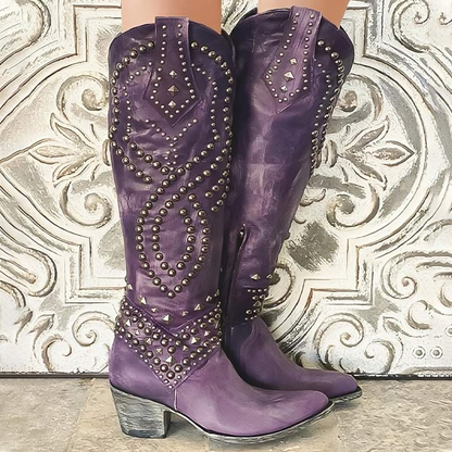Stylish Studded Knee High Boot for Women with Pointed Toe Block Heel Western Style