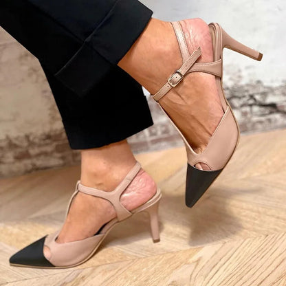 Stylish Beige Leather Pump for Women with Pointed Toe T Strap Stiletto Heel Style