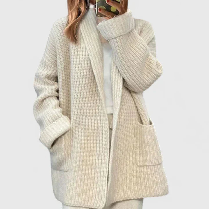 Warm Cream Long Cardigan for Women with Open Front Chunky Knit Pockets Easy Style