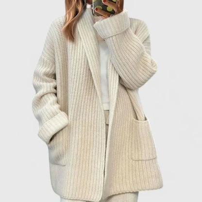 Warm Cream Long Cardigan for Women with Open Front Chunky Knit Pockets Easy Style