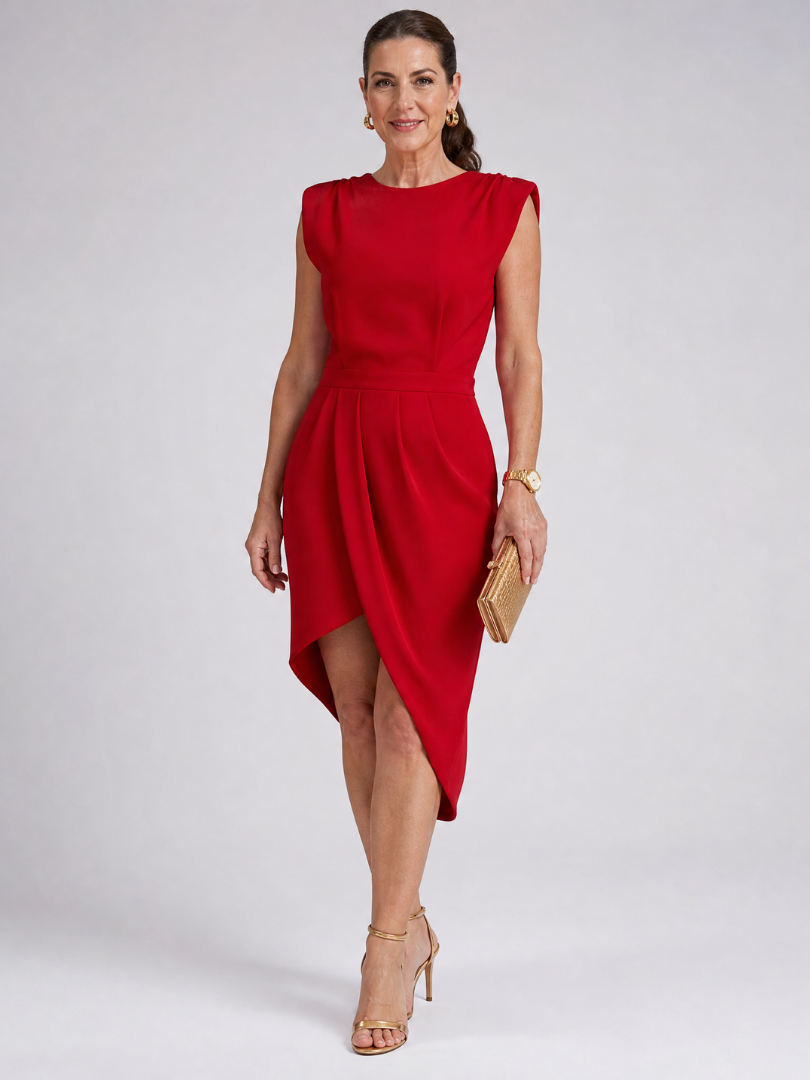 Elegant Sheath Dress for Women with Round Neck Cap Sleeve Draped Tulip High Low Cocktail Style