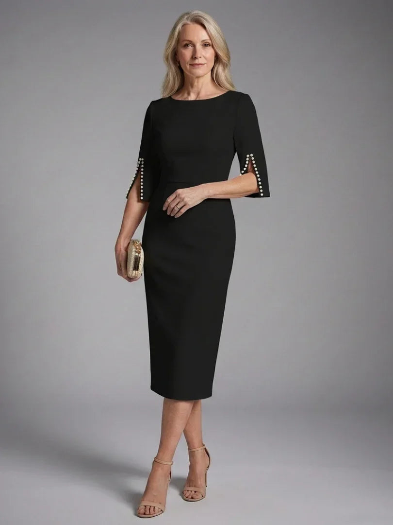Elegant Pearl Embellished Sheath Midi Dress for Women with Boat Neck Split Sleeve Bodycon Cocktail Style