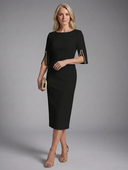 Elegant Pearl Embellished Sheath Midi Dress for Women with Boat Neck Split Sleeve Bodycon Cocktail Style