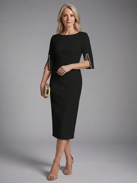 Elegant Pearl Embellished Sheath Midi Dress for Women with Boat Neck Split Sleeve Bodycon Cocktail Style