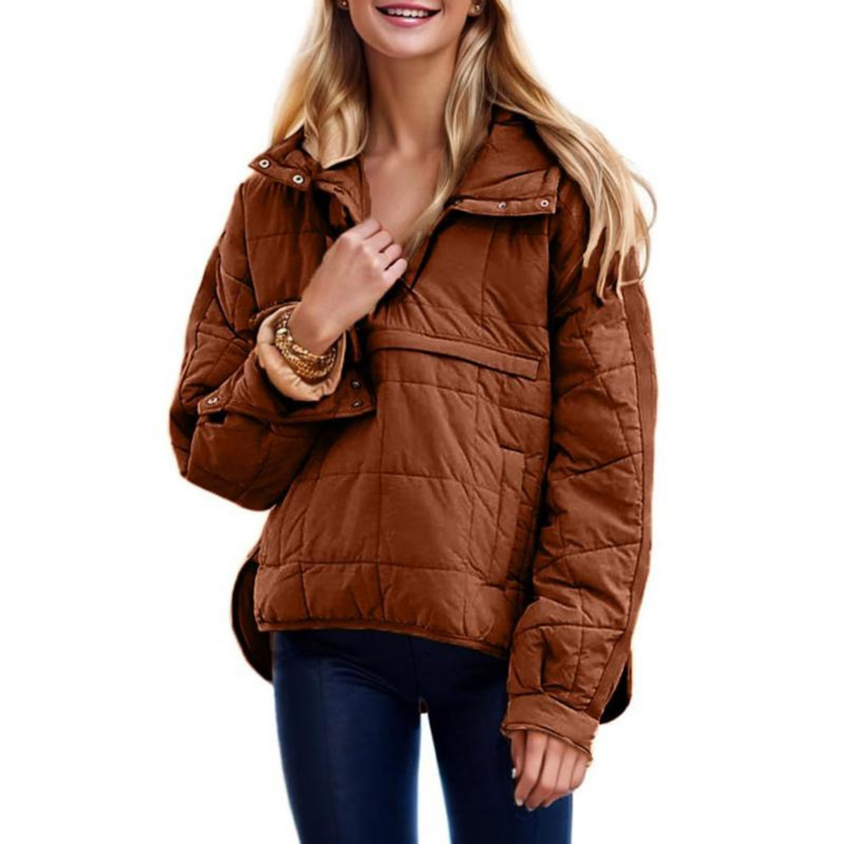 Women's Oversized Quilted Snap Collar Pullover Jacket
