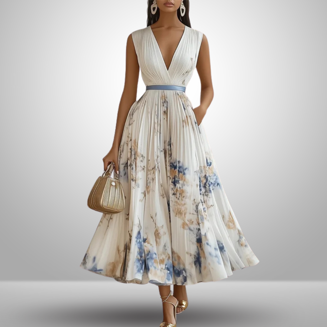 Effortless Watercolor Floral Midi Dress for Women with V Neck Sleeveless Pleated Belted Flowing Style