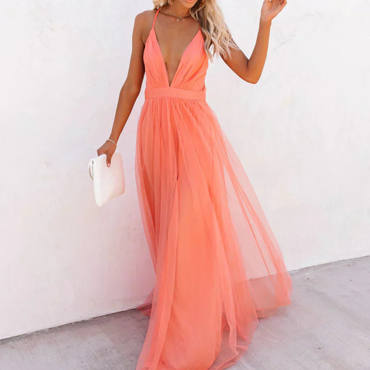 Elegant Coral Tulle Cocktail Dress for Women with Plunging V Neck Spaghetti Strap Open Back Flowing Style