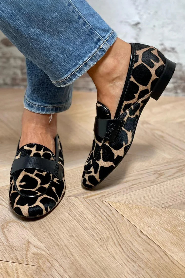 Elegant Black Leopard Print Calf Hair Loafer for Women with Penny Strap Pointed Toe Block Heel Casual Style