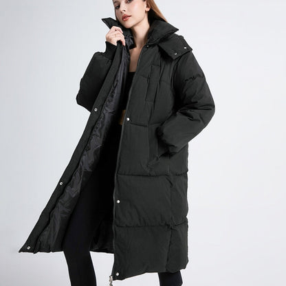 Cozy Black Long Hooded Puffer Coat for Women with Zip Front Cinched Waist Quilted Insulated Cold Weather Style