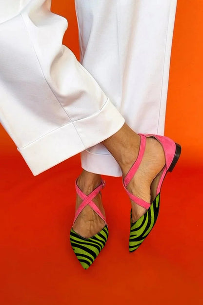 Elegant Zebra Print Flat for Women with Pointed Toe Crisscross Ankle Strap Slingback Style