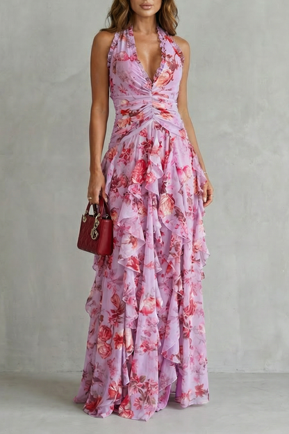 Elegant Floral Cocktail Dress for Women with Halter V Neck Ruffle Tiered Maxi Formal Style