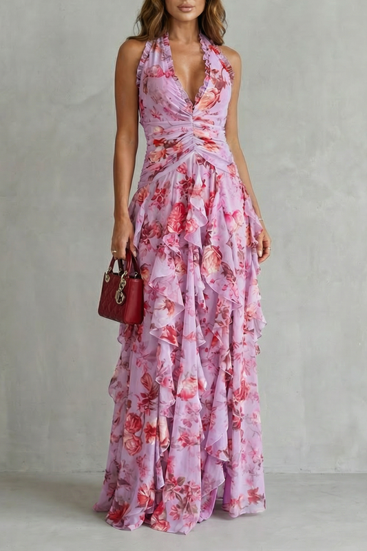 Elegant Floral Cocktail Dress for Women with Halter V Neck Ruffle Tiered Maxi Formal Style
