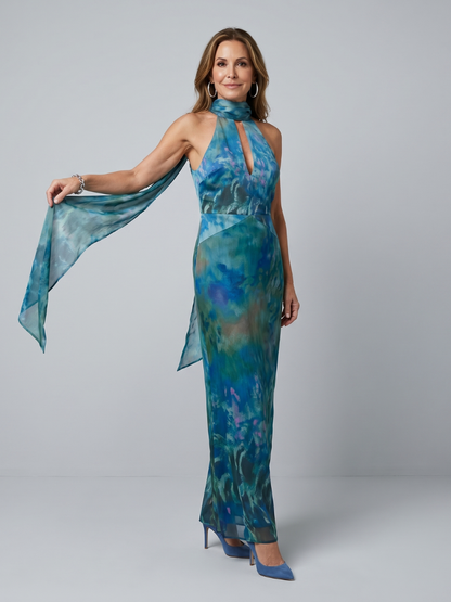 Elegant Blue Watercolor Chiffon Cocktail Dress for Women with Halter Neck Keyhole Scarf Wrap Formal Wedding Guest Style