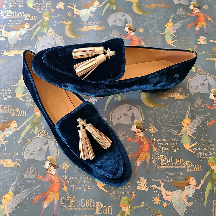 Stylish Blue Velvet Loafer for Women with Round Toe Tassel Detail Flat Style