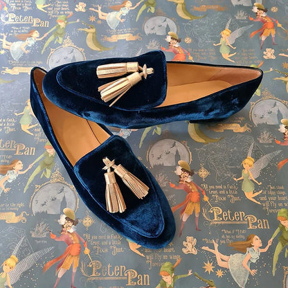 Stylish Blue Velvet Loafer for Women with Round Toe Tassel Detail Flat Style