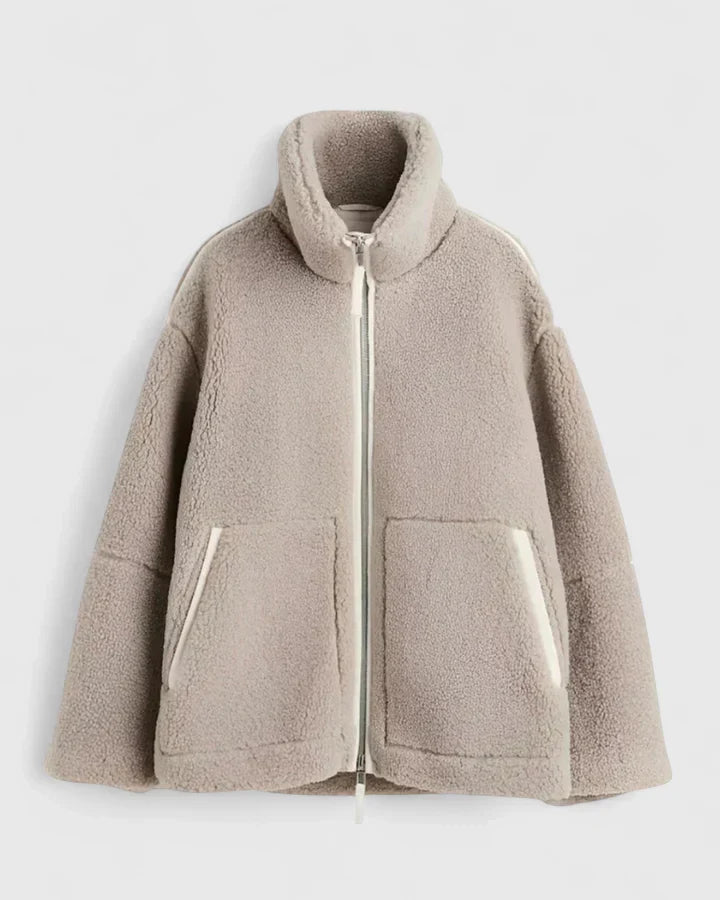 Comfortable Beige Sherpa Jacket for Women with High Neck Long Sleeve Oversized Relaxed Style