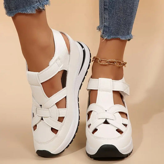 Effortless Woven Wedge Sneaker Sandal for Women with Velcro Strap Closed Toe Chunky Sole Casual Style