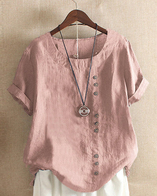 Effortless Linen Blouse for Women with Round Neck Short Sleeve Button Placket Relaxed Style