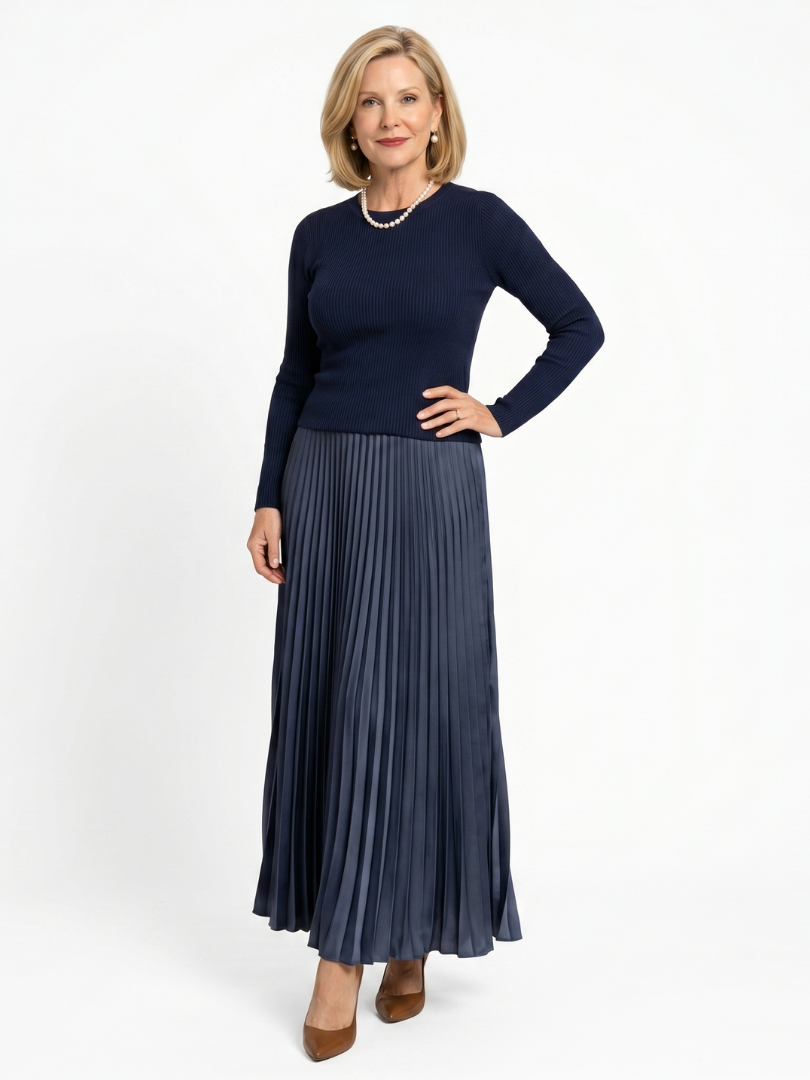 Women Pleated Satin Maxi Skirt
