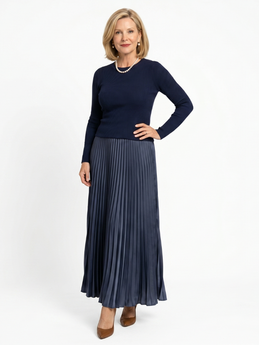 Women Pleated Satin Maxi Skirt