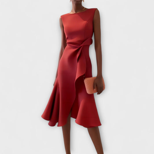 Elegant Draped Cocktail Dress for Women with Boat Neck Sleeveless Ruffle Hem Formal Party Style