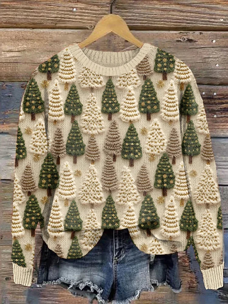 Comfortable Christmas Tree Print Sweater for Women with Crew Neck Long Sleeve Relaxed Oversized Knit Style