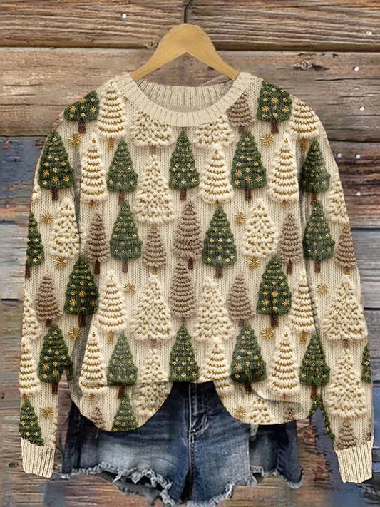Comfortable Christmas Tree Print Sweater for Women with Crew Neck Long Sleeve Relaxed Oversized Knit Style