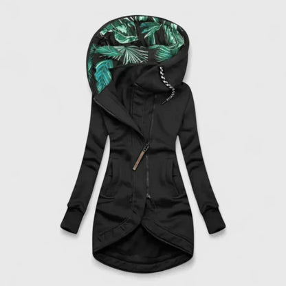 Comfortable Tropical Print Hoodie Jacket for Women with High Neck Long Sleeve Drawstring Hood Asymmetrical Hem Casual Style