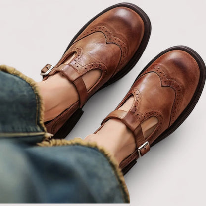 Comfortable Leather Mary Jane Shoes for Women with T Strap Buckle Wingtip Brogue Block Heel Style