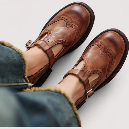 Comfortable Leather Mary Jane Shoes for Women with T Strap Buckle Wingtip Brogue Block Heel Style