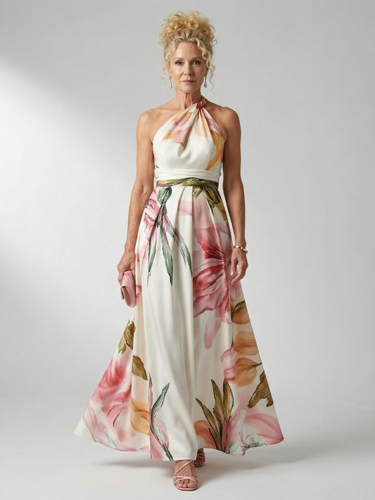 Elegant Floral Cocktail Dress for Women with One Shoulder Halter Sash Waist Flowing Maxi Style