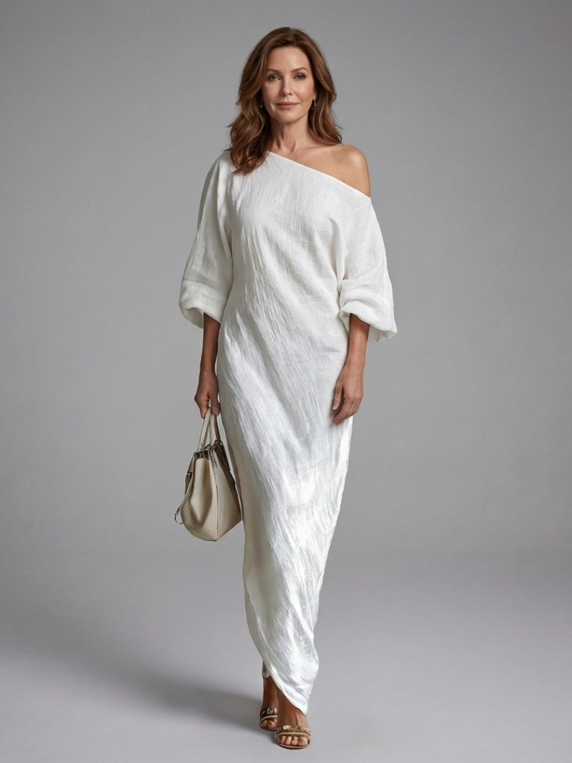 Elegant White Dress for Women with One Shoulder Draped Bell Sleeve Maxi Flowing Style