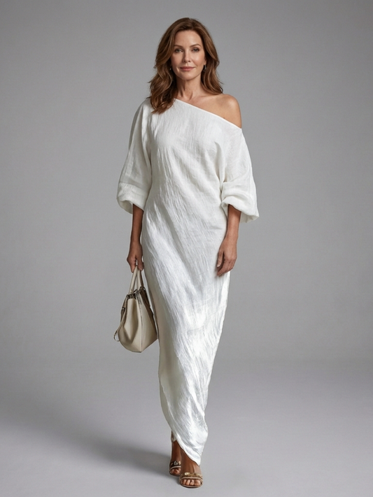 Elegant White Dress for Women with One Shoulder Draped Bell Sleeve Maxi Flowing Style