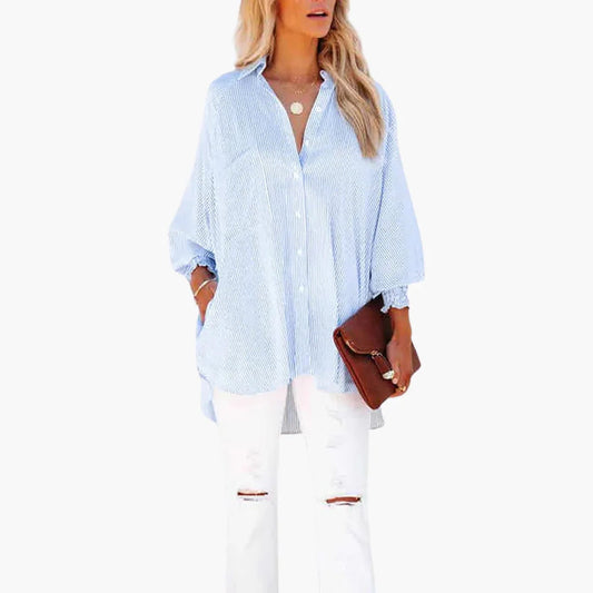 Effortless Striped Oversized Shirt for Women with Collar Long Sleeve Smocked Cuff Relaxed Style